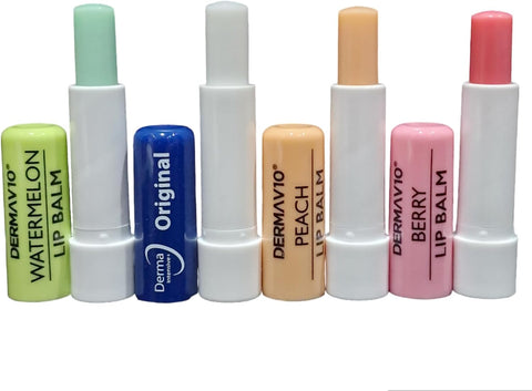 Derma V10 Trio Pack 1 of Each Lip balm Peach Watermelon Berry AND 1 Original Derma intensive with Vitamin E Lip Balm 4.8g