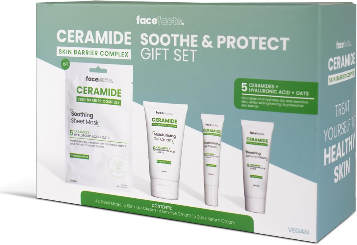 Ceramide Soothe & Protect Gift Set | Soothing Sheet Mask, Moisturising Gel Cream 50ml, Replenishing Eye Cream 15ml & Repairing Serum 30ml 5 Ceramides, Hyaluronic Acid and Oats
