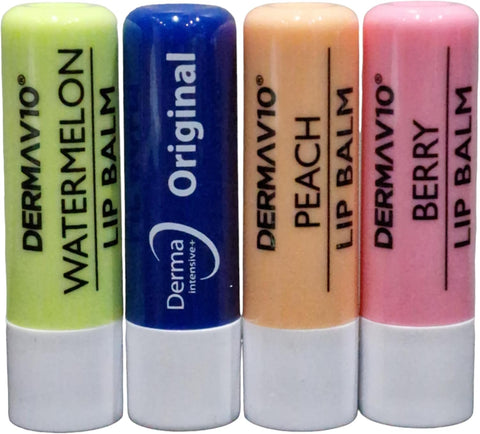Derma V10 Trio Pack 1 of Each Lip balm Peach Watermelon Berry AND 1 Original Derma intensive with Vitamin E Lip Balm 4.8g