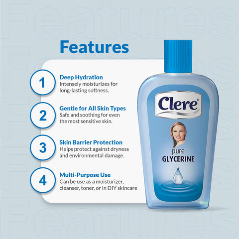 CLERE 100% Pure Glycerin Liquid for Versatile Body Skin Care, Glycerine for Face Moisturizes Dry Skin & Softens, Glycerol Reduces Stretch Marks 200 ml (Pack of 1) Sourced by Bronx International Ltd