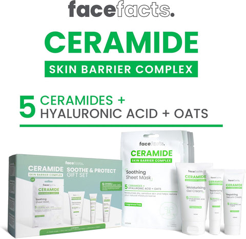 Ceramide Soothe & Protect Gift Set | Soothing Sheet Mask, Moisturising Gel Cream 50ml, Replenishing Eye Cream 15ml & Repairing Serum 30ml 5 Ceramides, Hyaluronic Acid and Oats